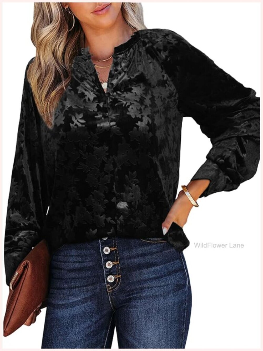 Long Sleeve Velvet Button Down Blouse Dressy Casual